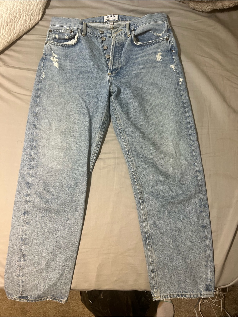 Agolde Light Blue Distressed High-Rise Straight Jeans